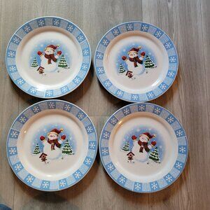 4 Merry Brite Dinner Plates In A Snowman, Snowflakes & Birdhouse Design